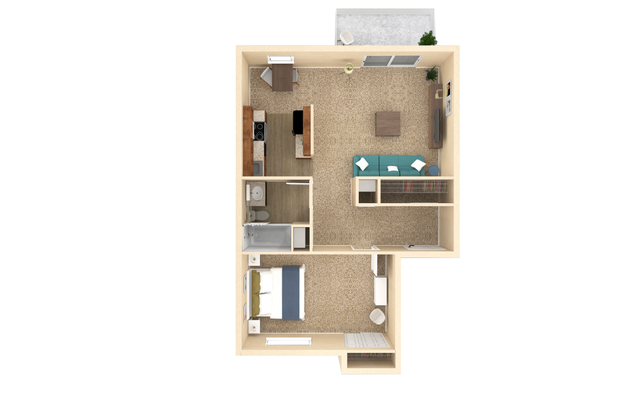 Floor plan for 1 bed, 1 bath, 752 sqft